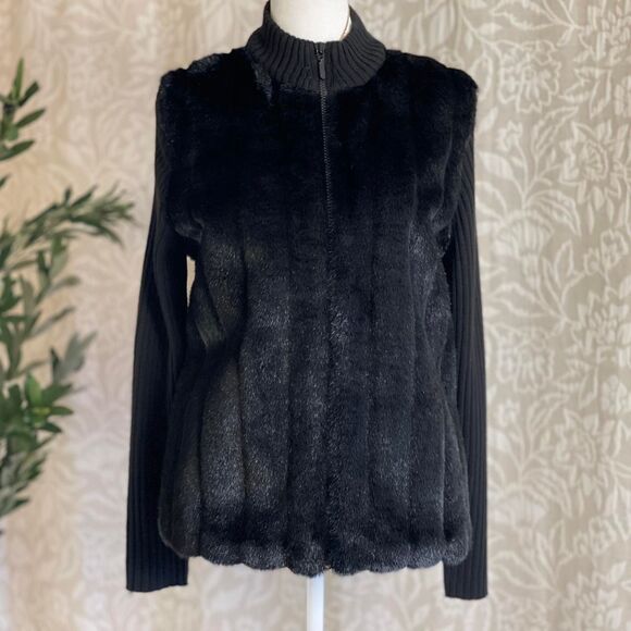 Vintage 90s Kathie Lee Collection Black Knit Faux Fur Jacket Whimsygoth Size S - Picture 2 of 8